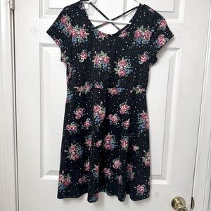 ARIZONA Jean Co Floral Black Dress Pink Roses Girls Plus Large 14 1/2 - 16 1/2